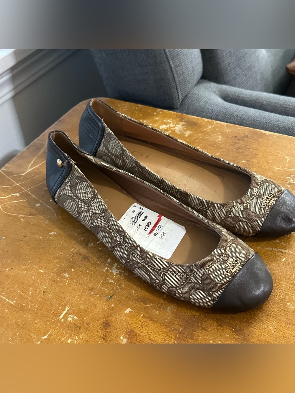 Coach Brown Signature Canvas Ballet Flats with Black Cap Toe 🌾